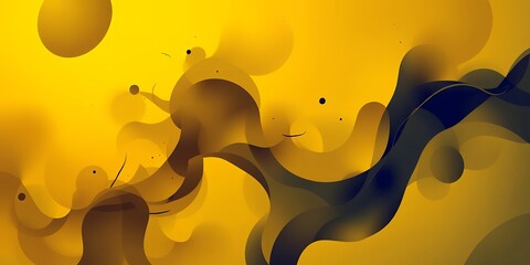 Poster - Abstract yellow background with dark flowing shapes and small black dots scattered around