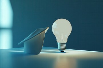 Poster - Conceptual image of a light bulb and a paper airplane on a table symbolizing innovation creative thinking and new ideas in a minimalist and modern style