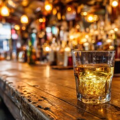 Poster - Golden whiskey in glass on wooden bar counter with blurred lights background captures the mood of a night out in a warm and inviting setting