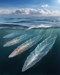 Poster - Underwater world with mysterious translucent creatures floating gracefully beneath the ocean surface against a backdrop of sunlit waves and a serene blue sky