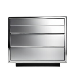 Poster - Futuristic monolithic polished aluminum dresser with sharp angular drawers, isolated on a empty plain background