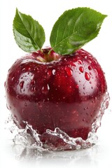 Poster - Fresh red apple with water splashing around it on a white background showing healthy fruit and refreshing taste in a bright and vibrant studio shot