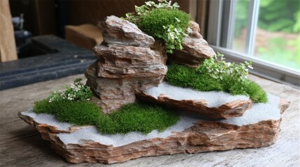 Poster - Serene miniature landscape featuring layered rocks adorned with vibrant moss and delicate flowering plants creating a peaceful and natural composition for zen garden design