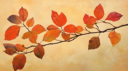 Poster - Autumnal Serenity A Painted Branch with Vibrant Orange Leaves Against a Warm Beige Backdrop Capturing the Essence of Fall Season Nature and Artistic Expression