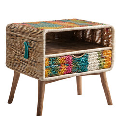 Poster - Bohemian woven rattan nightstand with colorful detailing, isolated on a empty plain background