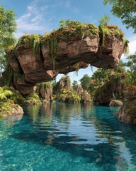 Poster - Serene tropical oasis with a natural stone archway covered in lush vegetation reflecting in turquoise water capturing the tranquility of a hidden paradise in a sunny day