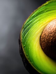 Poster - Close up of fresh avocado half with pit on dark background showcasing vibrant green and yellow hues and creamy texture perfect for healthy eating concepts