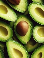 Poster - Close up of fresh avocado halves with a seed in a dark background showcasing vibrant green color and smooth texture creating a healthy and organic food appeal