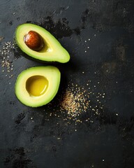 Poster - Sliced avocado halves on dark textured background with oil and seasoning creating a fresh and vibrant food photography capturing healthy eating and culinary delight