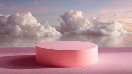Poster - Pastel pink podium display against a serene seascape with fluffy clouds and calm water for product presentation and cosmetic showcase in a minimalist style