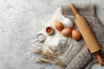 Poster - Baking preparation with eggs flour salt rolling pin and wheat on a white textured surface top view capturing the essence of homemade baking with a rustic charm