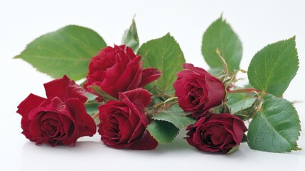 Poster - Elegant dark red roses with vibrant green leaves on a clean white background creating a romantic and serene mood for themes of love and beauty