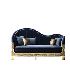 Poster - Art Deco navy blue velvet sofa with gold frame accents, isolated on a empty plain background