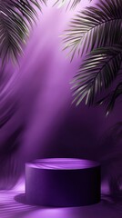 Poster - Elegant purple podium display with tropical palm leaves casting shadows for product presentation background and dreamy atmosphere in a minimalist style for luxury brand promotion