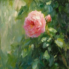 Poster - Captivating pink rose oil painting with a bud amidst lush green foliage in a garden art piece