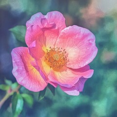 Poster - Captivating pink rose blossom in soft focus with painterly texture creating a serene and romantic atmosphere, floral elegance, natural beauty and artistic rendering
