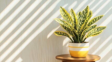 Poster - Serene indoor scene featuring a snake plant in a yellow pot on a wooden stool against a sunlit wall creating a peaceful and inviting atmosphere with natural light