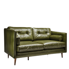 Poster - Mid-century modern olive green leather sofa with tapered legs, isolated on a empty plain background