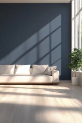 Poster - Serene Living Room Interior with Sunlight Streaming Through Window Illuminating Minimalist Sofa and Plant Creating a Calm and Inviting Atmosphere with Dark Wall