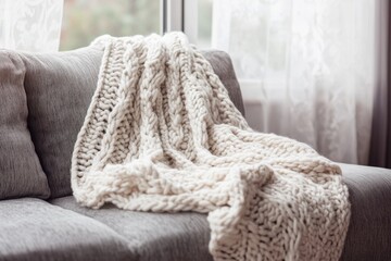 Poster - Cozy knitted throw blanket draped on a stylish gray sofa near a bright window creating a warm and inviting atmosphere perfect for relaxation and comfort in a modern home