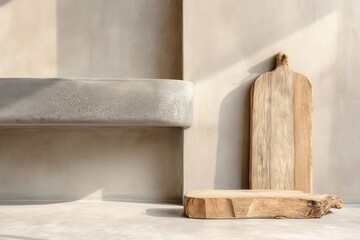 Poster - Rustic kitchen decor featuring vintage wooden cutting boards and a concrete shelf against a textured wall casting soft shadows creating a minimalist and natural aesthetic