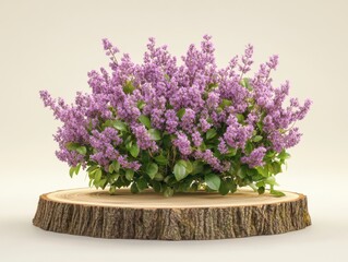 Poster - Captivating lilac bush on rustic wood slice showcasing purple blooms against a soft background botanical elegance nature photography
