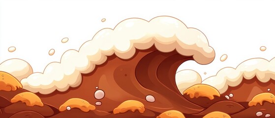 Poster - Cartoonish wave of brown liquid with creamy foam cresting over a landscape of chocolate hills and floating bubbles creating a whimsical and playful scene