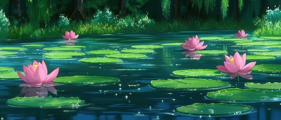 Poster - Serene water lily pond illustration with pink blossoms and green lily pads in tranquil water reflecting the surrounding forest in a peaceful and calming scene