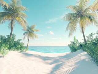 Poster - Serene tropical beach paradise with palm trees azure sea and white sand under a clear sky creating a tranquil and idyllic summer vacation scene