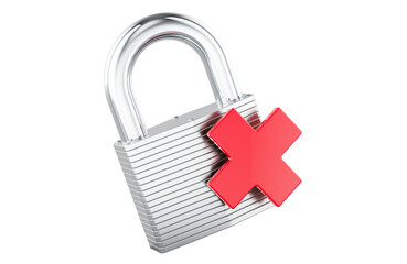 Poster - Padlock with red prohibition, blocked symbol. 3D rendering isolated on transparent background