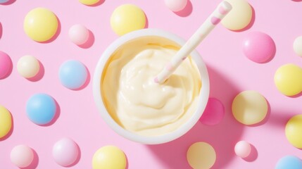 Poster - Delightful pastel candy arrangement with creamy dessert in bowl and straw on pink background cheerful and sweet treat concept for food photography
