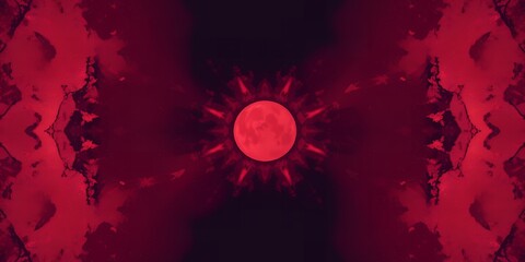 Poster - A symmetrical abstract image featuring a red circle with radiating lines and red clouds