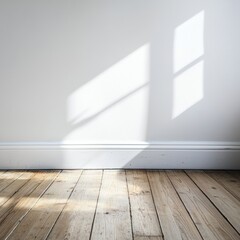 Poster - Serene interior scene featuring a white wall and a wooden floor bathed in soft natural light creating a minimalist and bright ambiance perfect for background use.