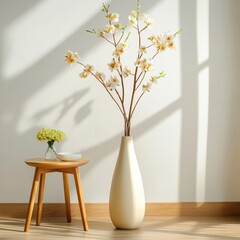 Poster - Elegant floral arrangement featuring cherry blossoms in a vase with sunlight casting shadows on the wall creating a serene and minimalist interior decor scene