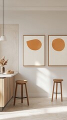Poster - Minimalist kitchen interior with wooden stools and abstract art creating a serene and modern atmosphere showcasing contemporary design and warm neutral tones