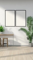 Poster - Bright interior with two blank frames on wall, potted plant, wooden stools, and light wood floor, creating a modern and inviting atmosphere for home decor inspiration