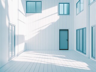 Poster - Serene minimalist interior with bright sunlight casting shadows on white walls and wooden floorboards creating a peaceful and modern architectural space with doors and windows
