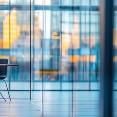 Poster - Serene office interior with chair and table against a blurred city skyline creating a modern and peaceful workspace atmosphere with clean lines and soft light