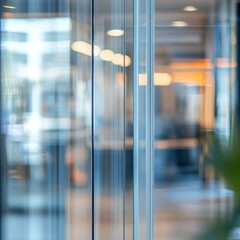 Poster - Modern office interior with glass partitions creating a sense of transparency and collaboration showcasing sleek design and bright natural light in a minimalist style