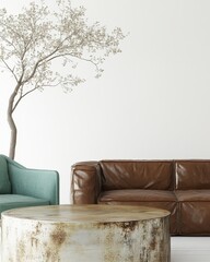 Poster - Elegant Living Room with Brown Leather Sofa Green Armchair and Decorative Tree Against White Wall