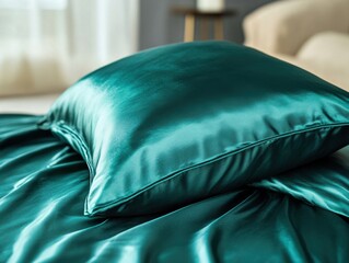 Poster - Emerald silk bedding with soft pillow and luxurious satin sheets creating a calming and inviting atmosphere for relaxation and peaceful sleep in a cozy bedroom