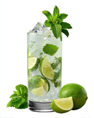 Poster - Refreshing mojito cocktail with vibrant green limes and mint leaves on a clean white background capturing the essence of summer in a bright and inviting style