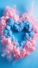 Poster - Ethereal heart shape formed by powder explosion in pastel pink and blue against a light blue background creating a dreamy and artistic visual with a soft and romantic mood
