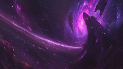 Poster - Deep purple space landscape with swirling nebula and rocky formations cosmic vista ethereal glow abstract art galaxy exploration science fiction background