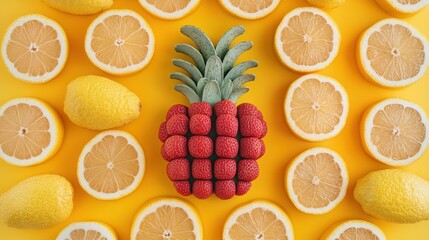 Poster - Creative fruit arrangement showcasing a pineapple made of strawberries and lemon slices on a vibrant yellow background offering a playful and summery vibe