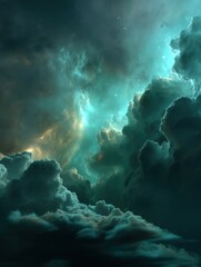 Poster - Ethereal celestial clouds illuminated by turquoise light creating a dreamy space landscape with moody atmosphere and cosmic wonder perfect for background