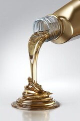 Poster - Golden liquid pouring from a bottle showcasing viscous fluid dynamics and transparent glass container against a clean white background emphasizing purity and clarity