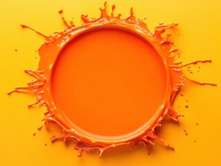 Poster - Vivid orange paint splash in circular frame on yellow background creating dynamic abstract design and artistic expression for creative projects and vibrant themes