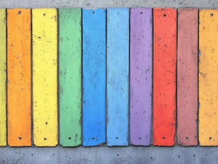 Poster - Vibrant concrete wall with rainbow colored vertical planks creating a cheerful urban background texture and artistic expression featuring a spectrum of colors in a modern style