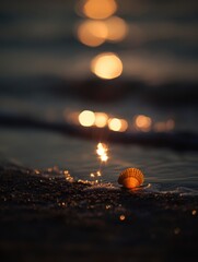 Poster - Seashell treasure on sandy beach at sunset with golden bokeh light reflecting on water surface creating a serene and peaceful coastal ambiance